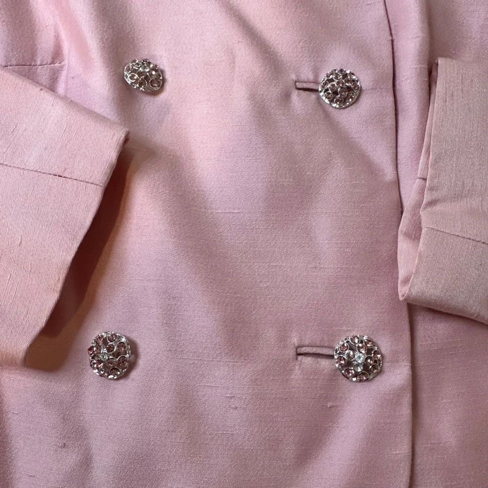 Vintage Rona Pink Skirt Suit Set Rhinestone Button Bow Dress Jacket 2pc - Picture 6 of 16
